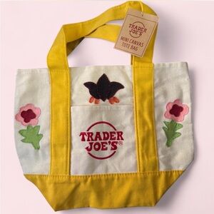 Trader Joe's Canvas Mini Tote Bag with Hand Embroidered Patchwork Design - NWT